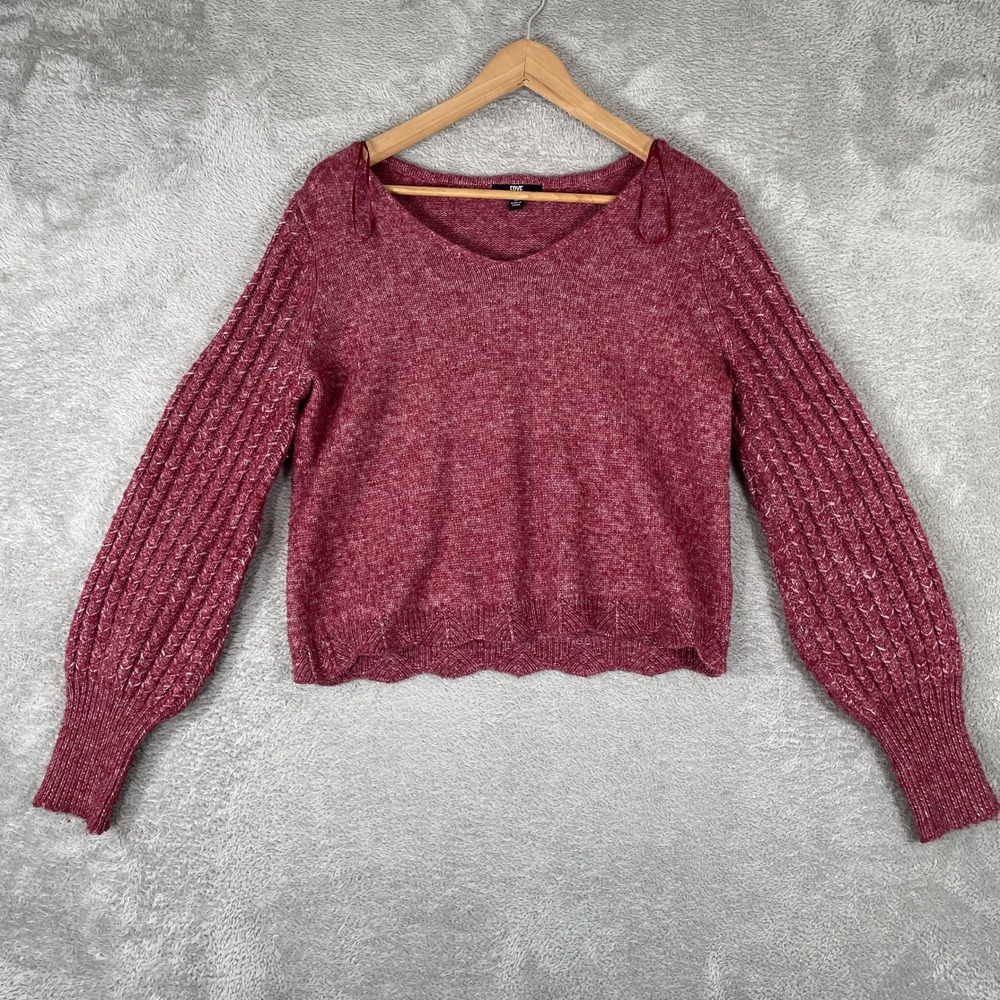 Frye Sweater Womens Medium Pink V Neck Cable Knit Balloon Sleeve Scalloped Hem